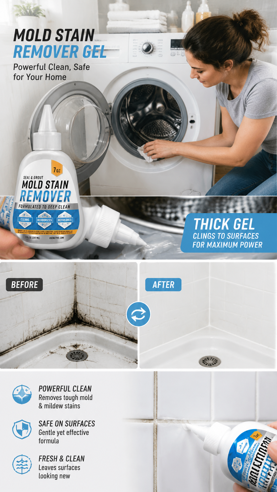 🧽 Mold Stain Remover Gel | Heavy-Duty Cleaner for Washer Seal, Grout & Shower