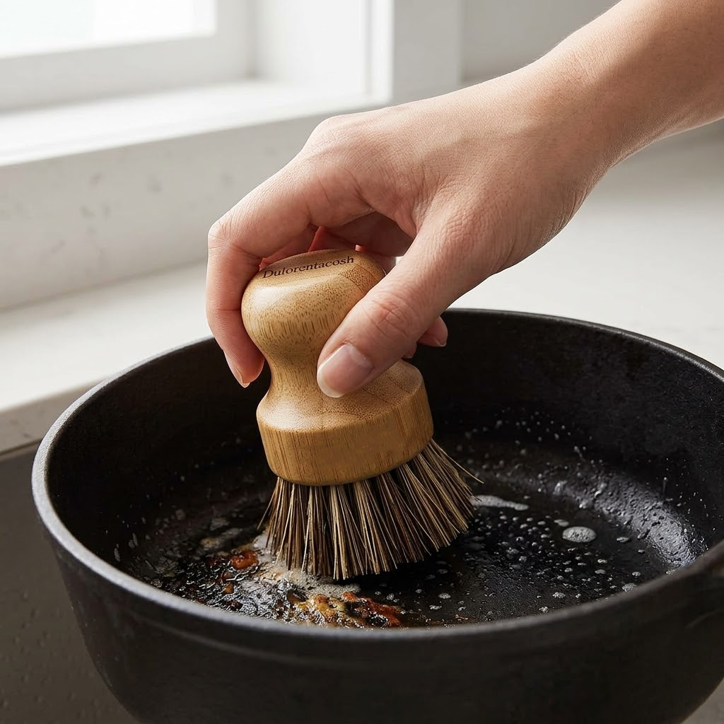 Dulorentacosh Natural Bamboo Dish Brush - Ergonomic Wooden Pot Scrubber with Durable Tampico Fiber Bristles - Eco-Friendly Kitchen Scrub Brush for Dishes, Cast Iron Pans & Sinks