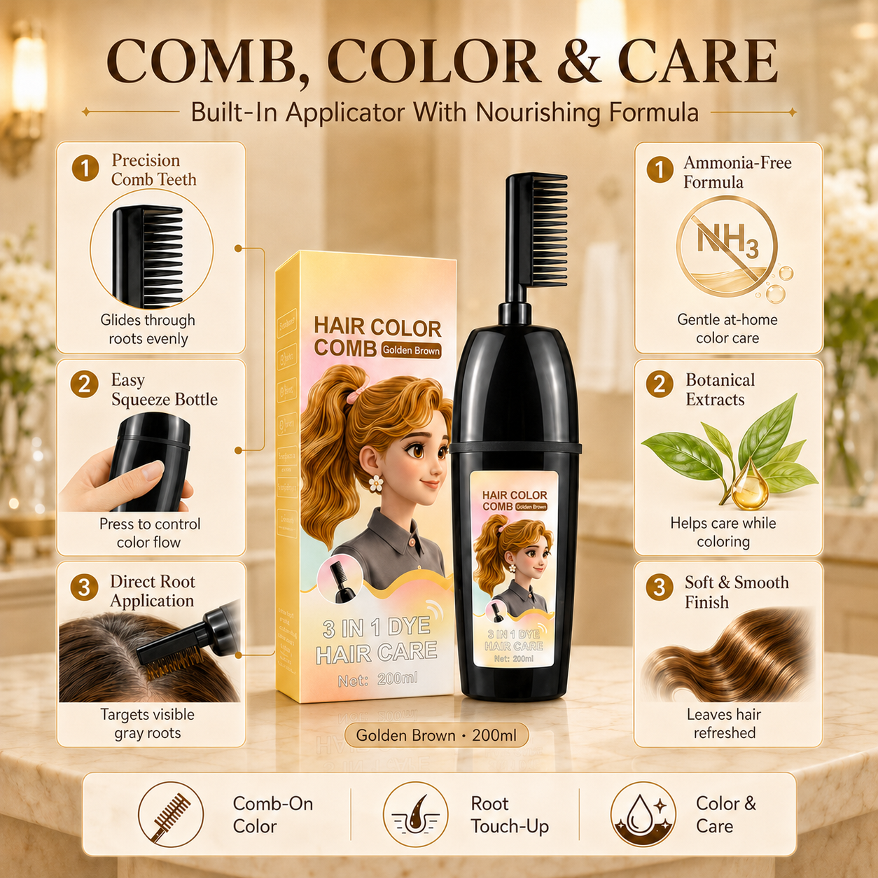 ✨ Skip the Salon. Cover Grays in 10 Minutes. Ammonia-Free Hair Color Comb for Easy Root Touch-Ups