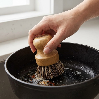 Dulorentacosh Natural Bamboo Dish Brush - Ergonomic Wooden Pot Scrubber with Durable Tampico Fiber Bristles - Eco-Friendly Kitchen Scrub Brush for Dishes, Cast Iron Pans & Sinks