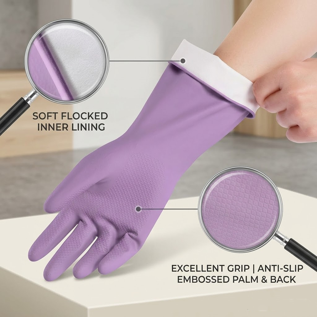 Dulorentacosh 4-Pack Premium Velvet-Lined Household Gloves with Superior Embossed Grip & Comfort
