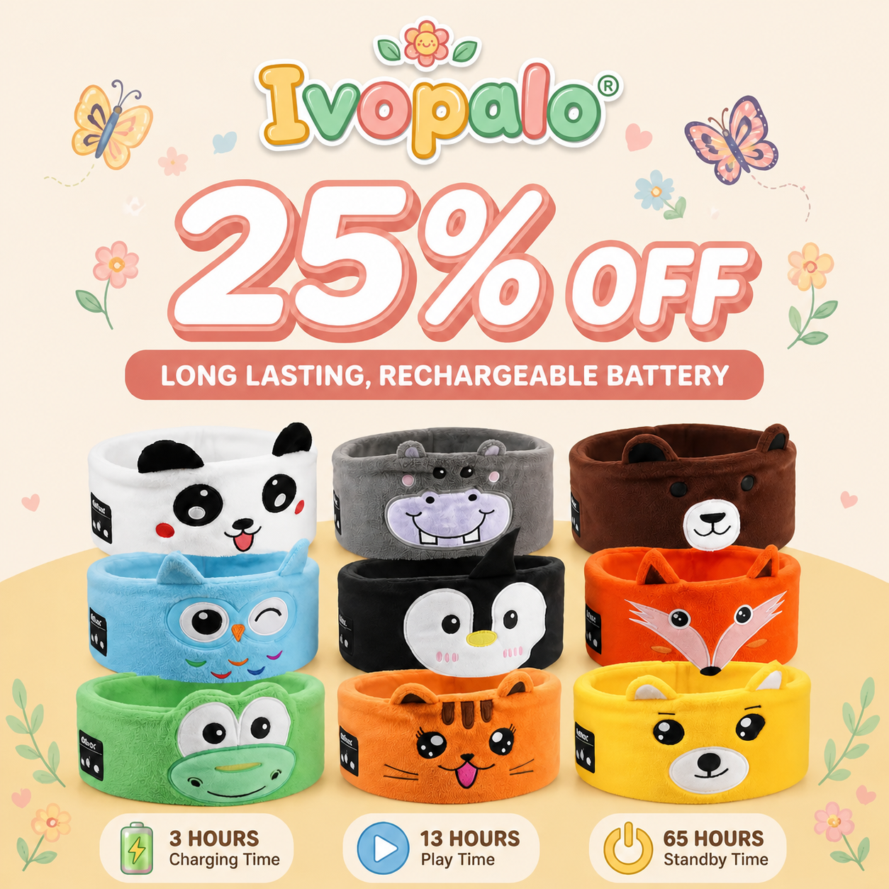 🎧ivopalo® Kids Wireless Sleep Headband Headphones – Soft Bluetooth Animal Headphones for Travel Sleep & School